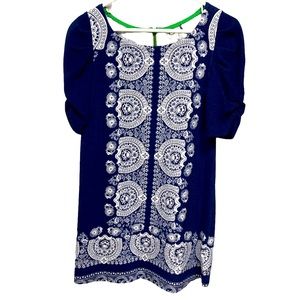 Anthropologie Akemi + Kin Dress XS Navy Blue with White design and Green trim